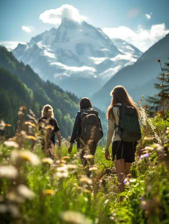 Back view of two girls with backpacks hiking in the mountains.の素材