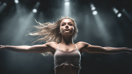 Beautiful young woman dancing on stage with spotlights in the backgroundの素材