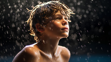Portrait of a boy in the rain on a dark background.の素材