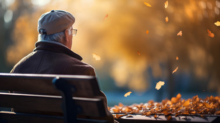 Elderly man sitting on a bench in the park in autumnの素材