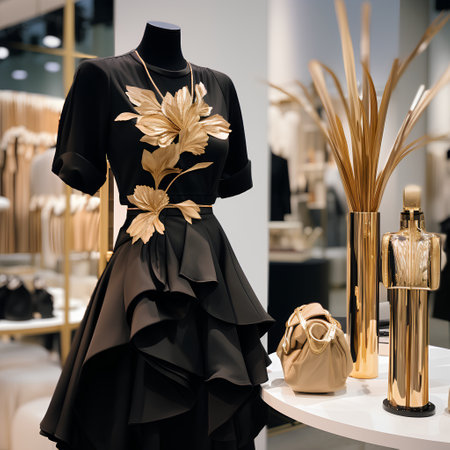 Fashionable black evening dress on mannequin in luxury store.の素材