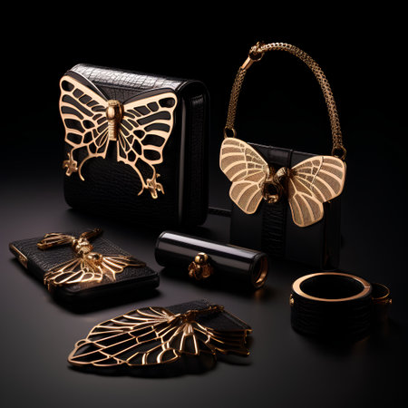 Luxury black leather clutch with butterflies on a black background.の素材