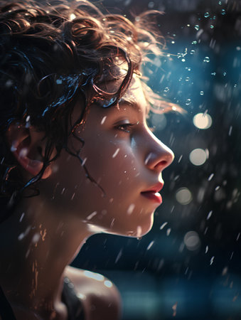 portrait of a young beautiful woman in the rain on a dark backgroundの素材