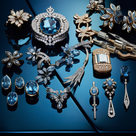 Jewelry on a blue background. Jewelry and accessories.の素材