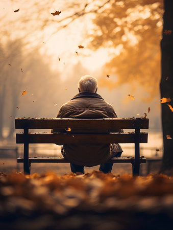 Elderly man sitting on a bench in the park in autumnの素材
