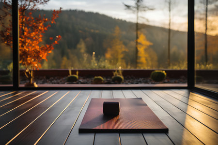 Wooden terrace with a black yoga mat in front of a window.の素材