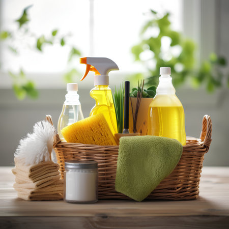Cleaning products in a basket on a wooden table with a window backgroundの素材