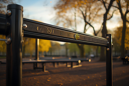 Autumn park bench in the rays of the setting sun. Selective focus.の素材