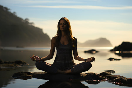 Young woman meditating in lotus pose on the beach at sunsetの素材