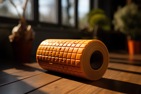 A roll of orange yoga mat on a wooden table in the room.の素材