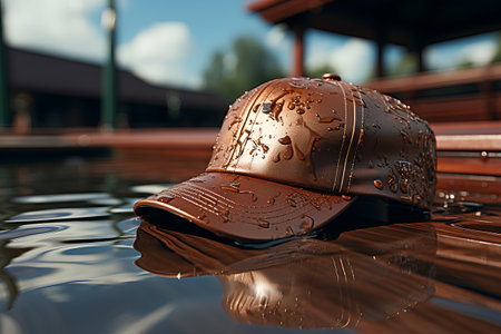 Baseball cap on the water. 3d illustration. Vintage style.の素材