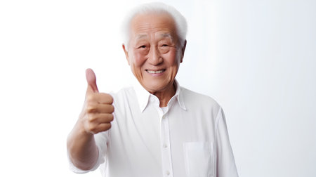 Portrait of happy asian senior man showing thumbs up and smilingの素材