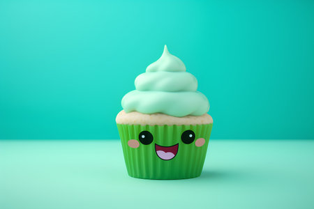 Cupcake with green cream on green background. 3d illustrationの素材