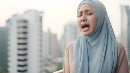 Hijab woman feel angry and cry with cityscape background.の素材