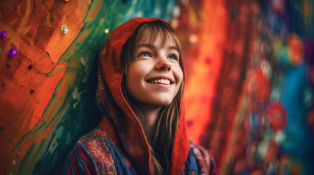 Portrait of a beautiful young woman in a bright colorful dress.の素材