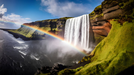 Seljalandsfoss waterfall and rainbow, Iceland, Europeの素材