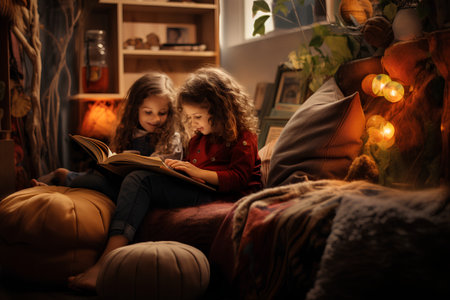 Little girl reading a book with her sister sitting next to her.の素材