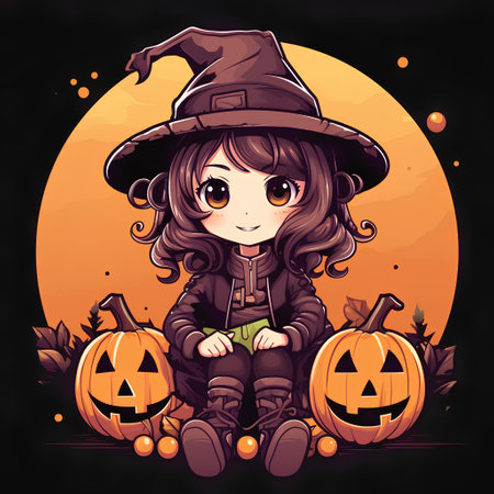 Cute little girl in witch costume sitting with pumpkins on Halloween. Vector illustration.の素材