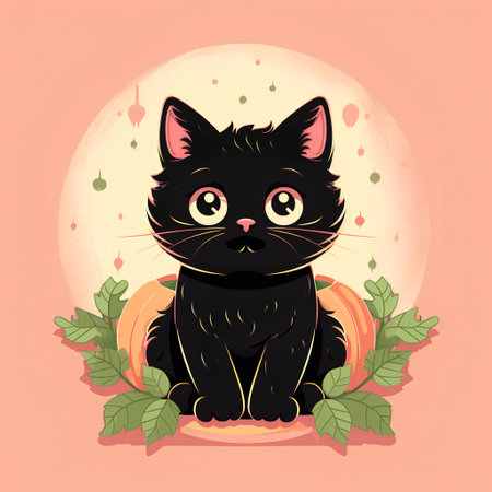 Cute black cat sitting on a pink background with leaves. Vector illustration.の素材