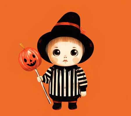 Cute little boy in Halloween costume with pumpkin. Vector illustration.の素材