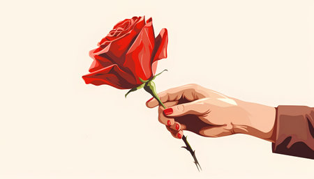 Hand holding a red rose on a white background. Vector illustration.の素材