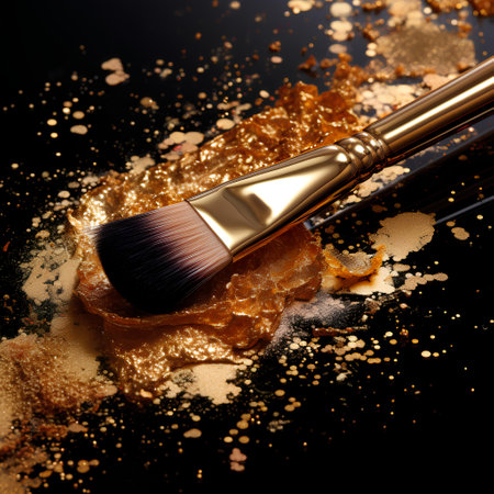 Makeup brushes with golden powder on a black background close-upの素材