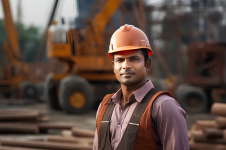 indian male construction worker at construction site with crane working in backgroundの素材