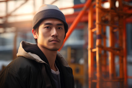 Portrait of a young Asian man wearing a beanie hat.の素材