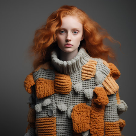 Beautiful redhead girl in warm sweater and scarf. Studio shot.の素材