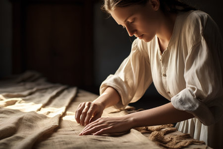 Beautiful young woman sitting in bed, she is making a blanketの素材