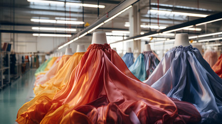 Colorful fabrics on a mannequin in a textile factory.の素材