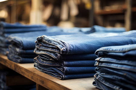 Stack of blue jeans on shelf in clothing store. Selective focus.の素材