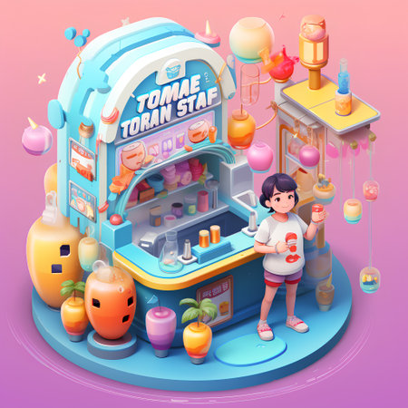 Ticket vending machine isometric composition with girl buying ice cream from kiosk vector illustrationの素材