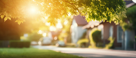 Sunny city street with trees and houses in the background. Shallow depth of field.の素材