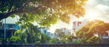 Green leaves on the background of the city landscape. Nature background.の素材