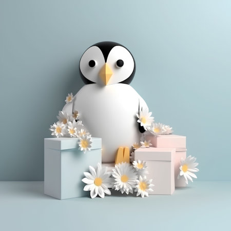 cute penguin with flowers and gift boxes on blue wall backgroundの素材