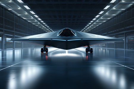 3d rendering of a jet fighter in a hangar with lights onの素材