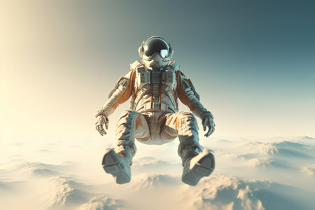Spaceman in space suit and helmet floating in the clouds. Mixed mediaの素材