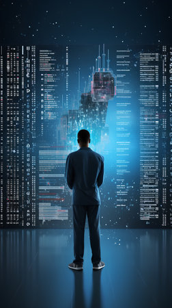 Back view of businessman looking at data on abstract blue background. Artificial intelligence conceptの素材