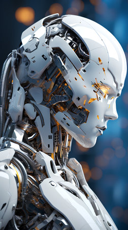 3d rendering humanoid robot with circuit board on blue bokeh backgroundの素材