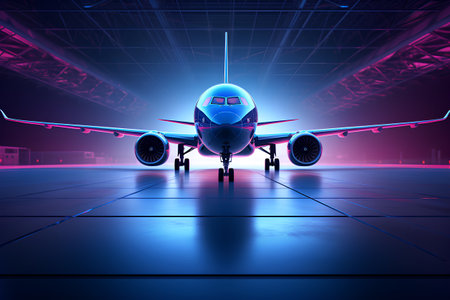 3d rendering of an airplane in a dark room with neon lightsの素材