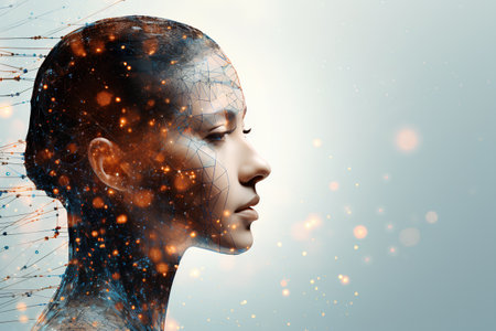 3d rendering of a female cyborg head with particles and linesの素材