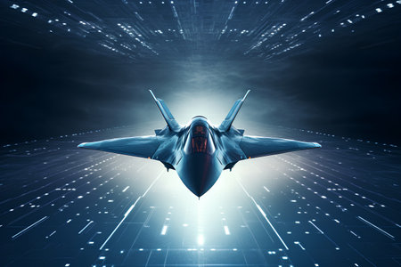 Fighter jet fighter in futuristic cyberspace. 3D renderingの素材