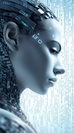 3d rendering of a female cyborg head with binary code in the backgroundの素材