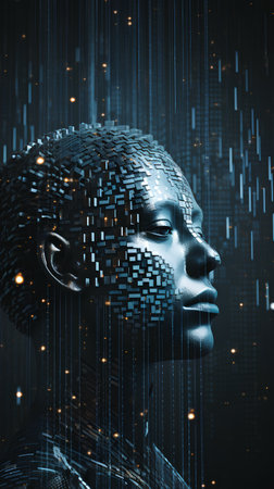 Cyborg head with binary code. Artificial intelligence concept. 3D Renderingの素材