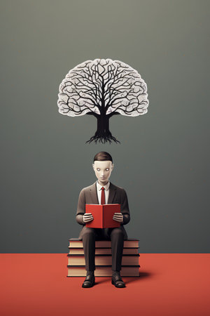 Businessman sitting on a stack of books with a tree in the backgroundの素材