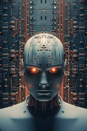 Cyborg head with circuit board background. 3D rendering illustration.の素材
