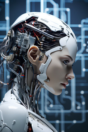 3d rendering of a female robot with circuit board on the backgroundの素材