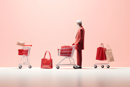 Man in red coat with shopping bags and trolley on pink backgroundの素材
