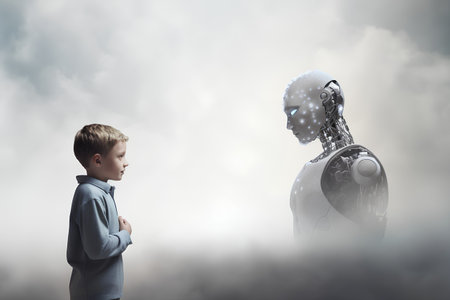 Conceptual image of little boy looking at robot in empty spaceの素材